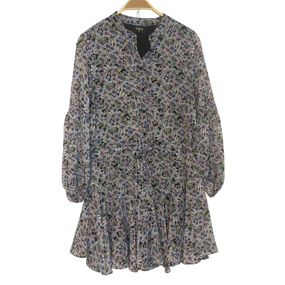 VICI Collection Purple Blue Floral Long Sleeve Button Tiered Mini Dress Small